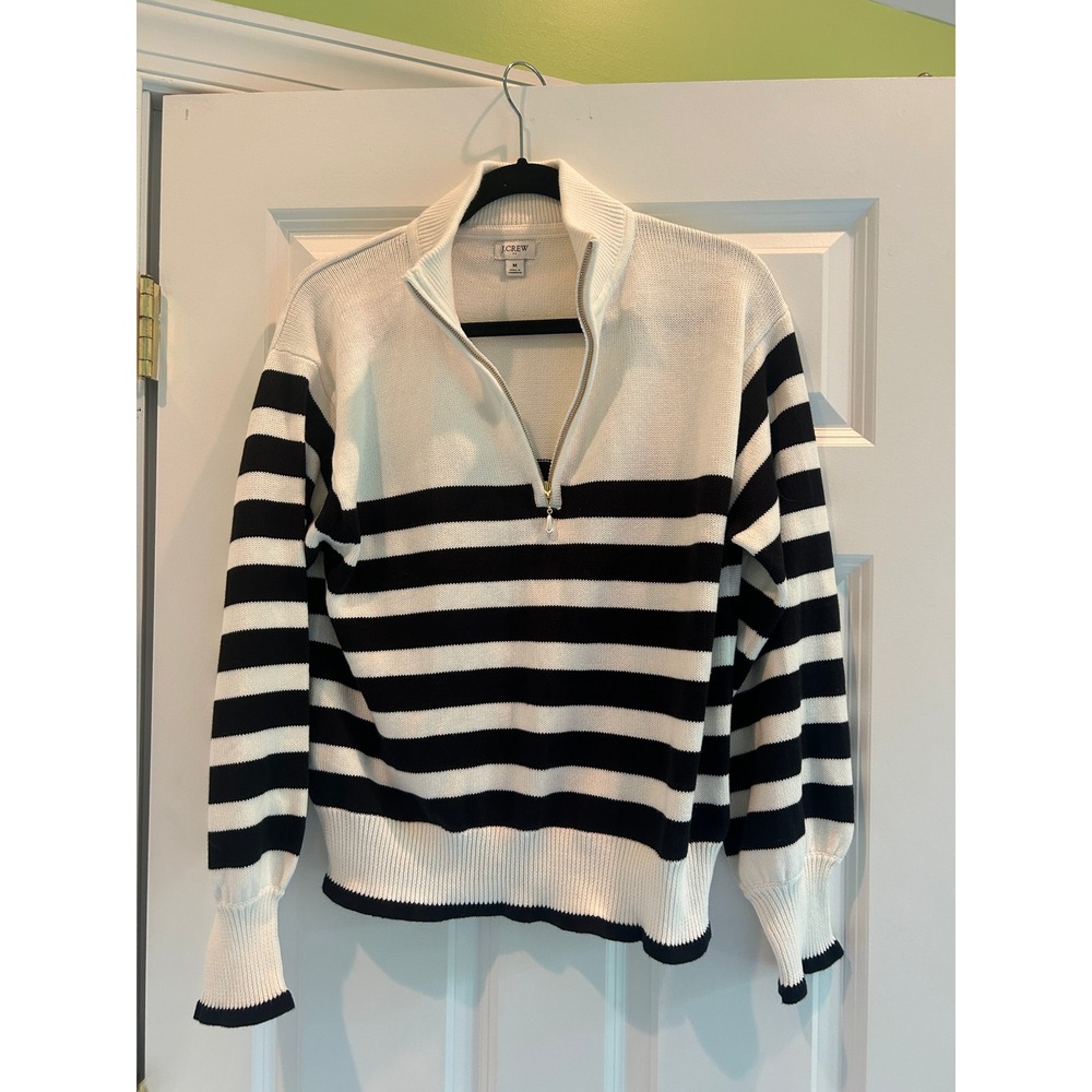 J.Crew Heritage Half-Zip Sweater Striped Pearl Pull White Navy Size M - Picture 2 of 6